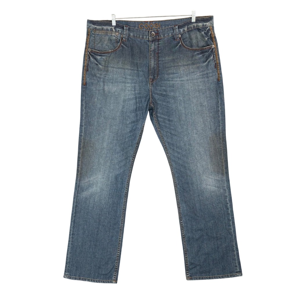 COOGI Men Blue Straight Leg Jeans Pony Fur Patch 44x35 Med Wash Denim Distressed